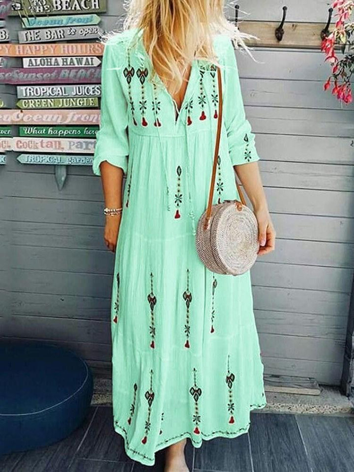 Comfysol Three Quarter Sleeve Ankle Length Print High Waist Pullover Maxi Dress