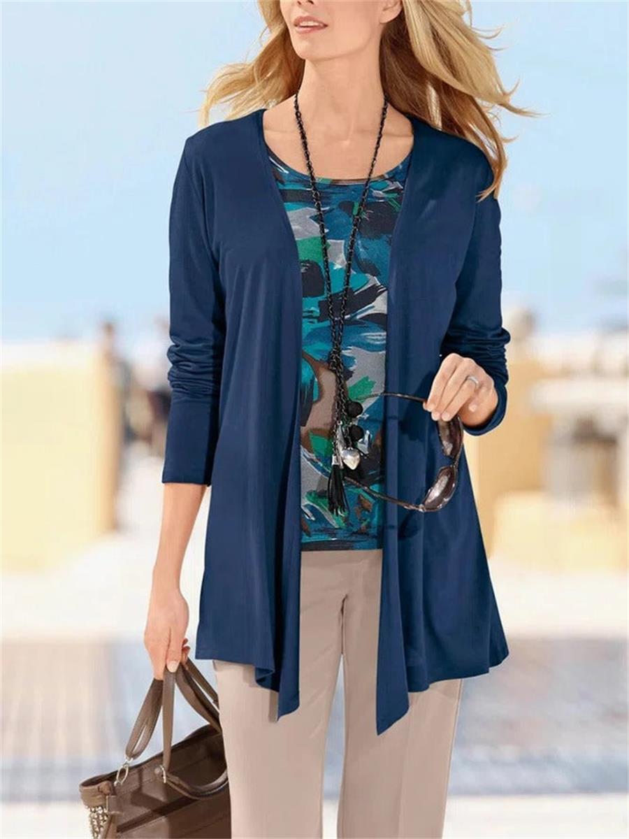 Comfysol Dark Blue Casual Lapel Solid Long Sleeve Cardigan