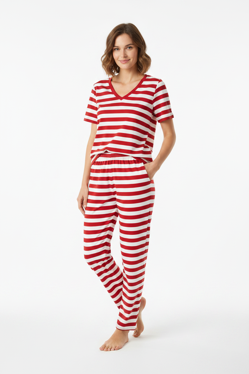 Comfysol Red Casual V Neck Stripe Printed Half Sleeve Two Piece Sets