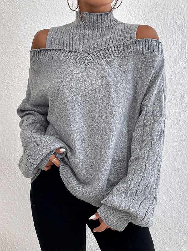 Comfysol Grey Casual Graphic Tops Off-the-Shoulder Long Sleeve Solid Sweaters