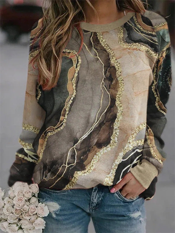 Comfysol Light Coffee Casual Graphic Tops Round Neck Long Sleeve Marble Printed Sweatshirts