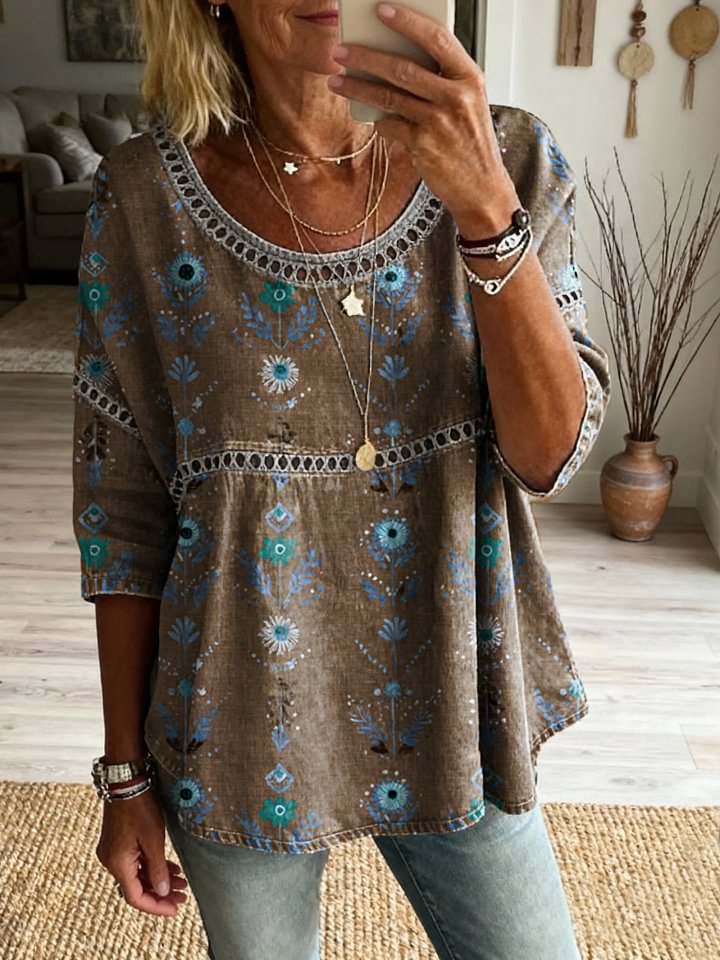 Women's Floral Pattern Art Print Casual Round Neck Lace-up Top