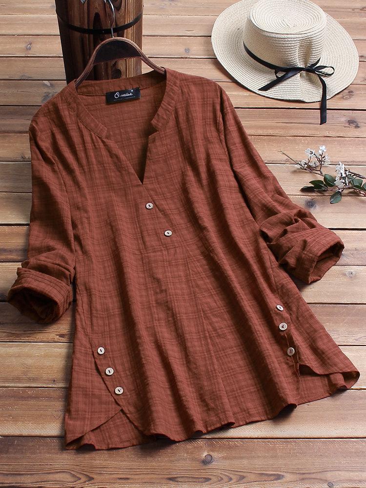Comfysol Vintage Plaid Side Button V-neck Long Sleeve Blouse