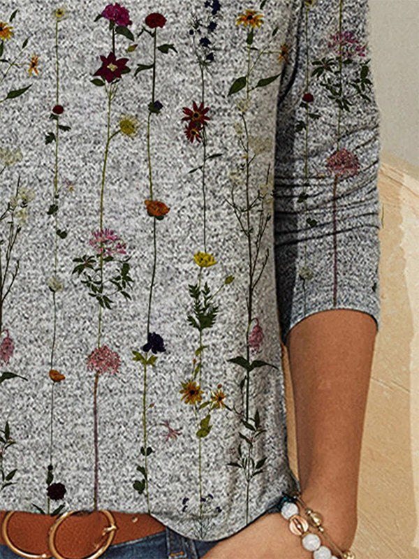 Comfysol Gray Casual Round Neck Long Sleeve Floral Printed Sweatshirts