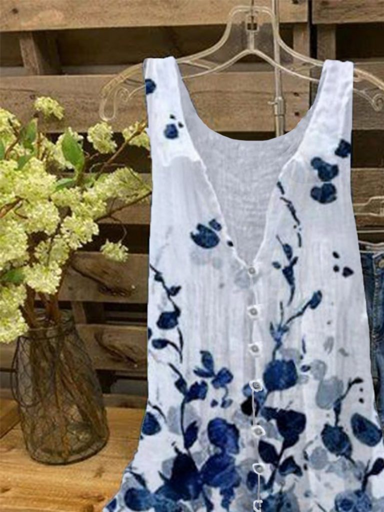Comfysol Casual Summer V-neck Floral Print Sleeveless Blouse