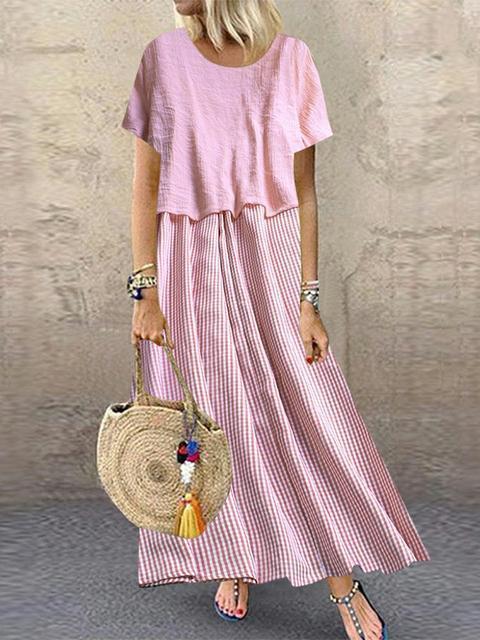 Comfysol Short Sleeve Round Neck Plaid Casual Summer Two Piece Maxi Dress