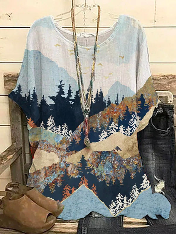 Comfysol Casual Round Neck Landscape Printed Short Sleeve Blouse