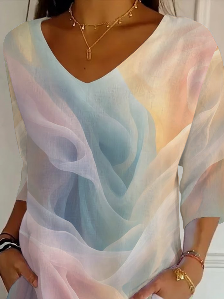 Watercolor Gradient V-Neck Three Quarter Sleeve Top