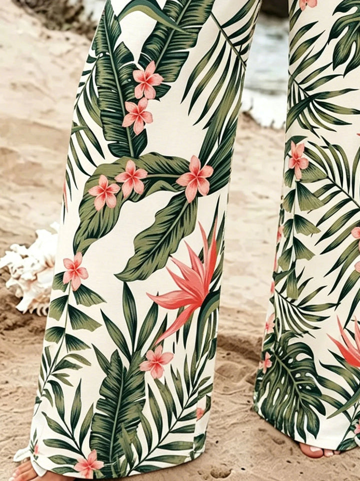 Tropical Leaf Print Drawstring Waist Wide Leg Pants