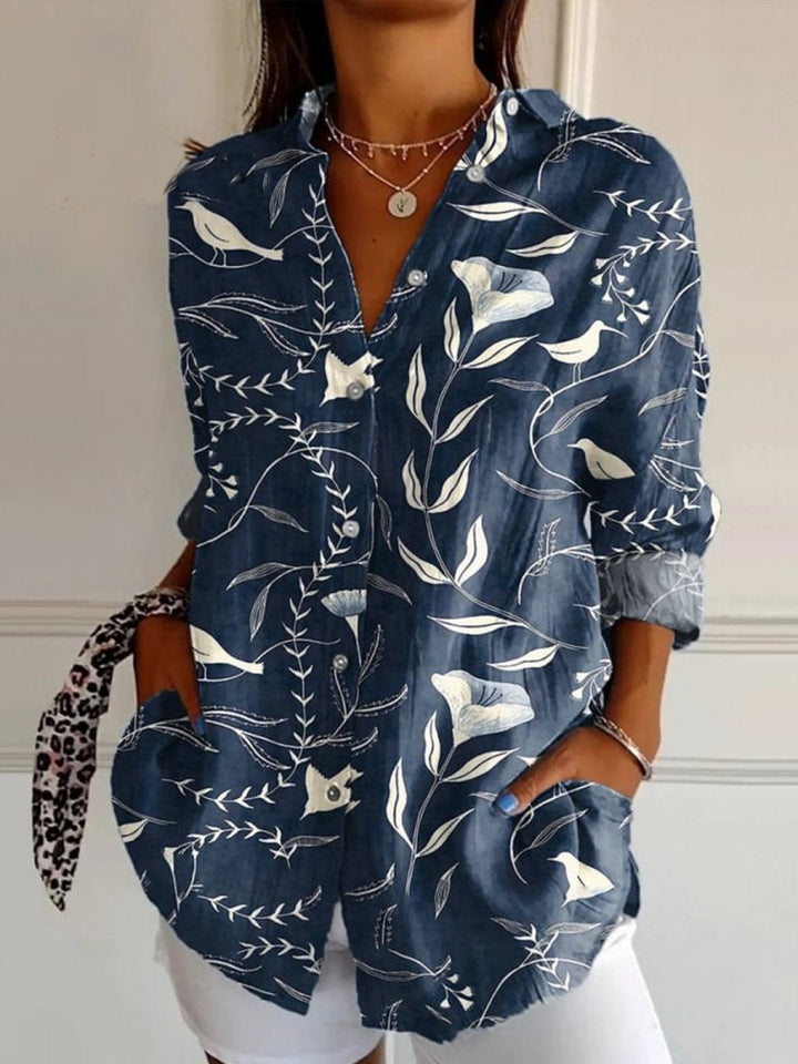 Comfysol Floral Print Shirt Collar Long Sleeve Loose Shirt