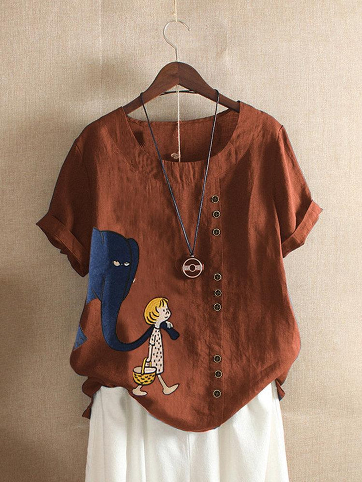 Comfysol Short Sleeve Casual Cartoon Print Blouse