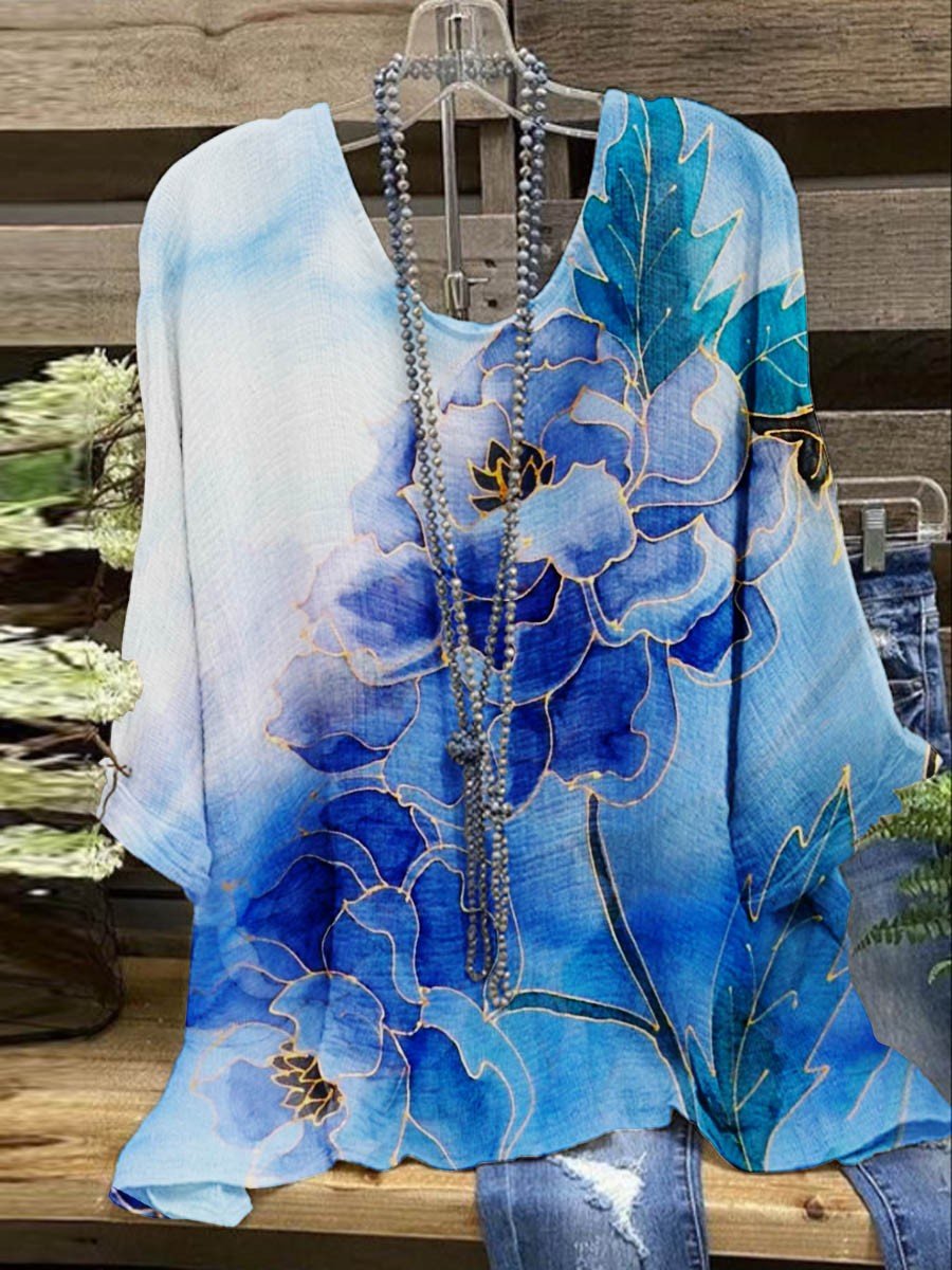 Comfysol Blue Casual Round Neck Floral Printed Long Sleeve Blouse