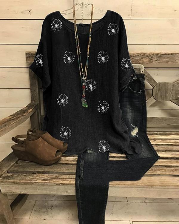 Comfysol Summer Printed Short Sleeve Round Neck Loose Blouse