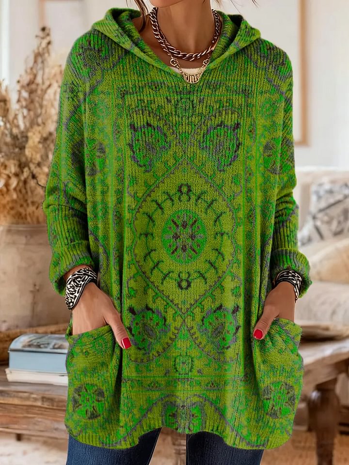 Women's Retro Ethnic Totem Art Print Casual Knitted Pocket Hooded Tunic Top