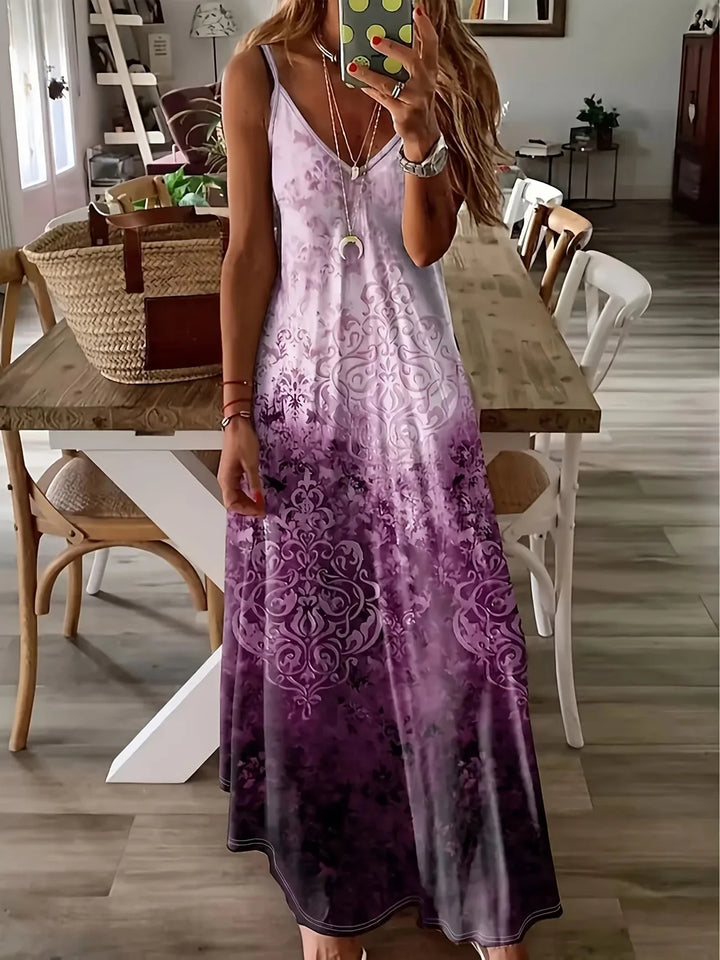Women Floral Sleeveless V Neck Printing Dress Daily Casual Maxi Slip Dress X-Line Summer Dress