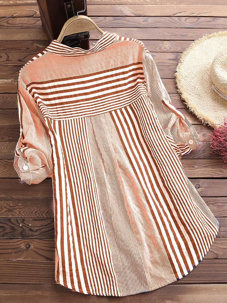 Comfysol Patchwork Stripe Print Stand Collar Irregular Casual Shirts