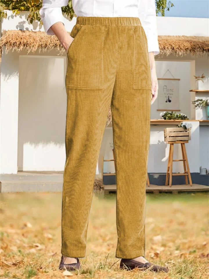 Comfysol Women's Solid Color Elastic Waist Casual Corduroy Straight Leg Pants