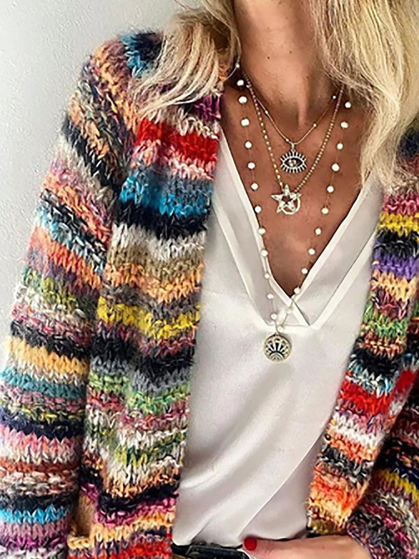 Comfysol Women's Long Sleeve Colorful Striped Knit Cardigan