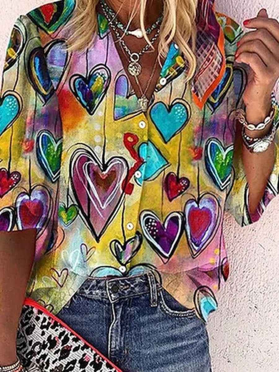 Comfysol Multicolor Casual Love Pattern Printed Half Sleeve Blouse