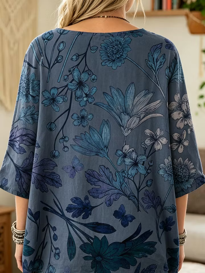 Ethnic Flower Women's Art Print Casual 3/4 Sleeve Cotton Top