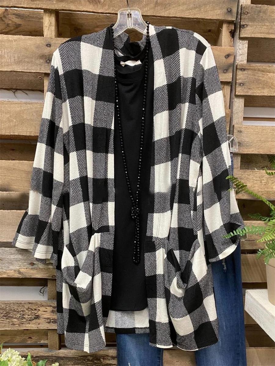 Comfysol Black Casual Lapel Plaid Long Sleeve Cardigan