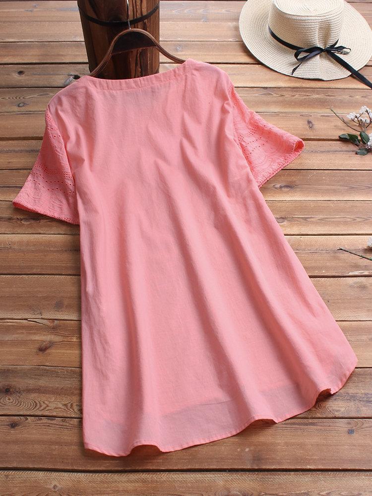 Comfysol Bohemian Embroideried Short Sleeve Button Casual Blouse