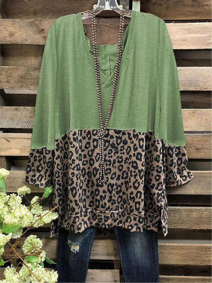 Comfysol Casual Leopard Print V-Neck Blouse