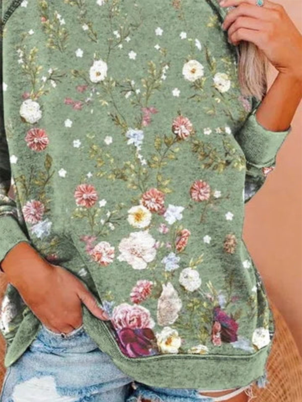 Comfysol Green Casual Graphic Tops Round Neck Long Sleeve Floral Printed Sweatshirts