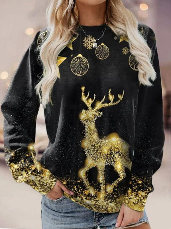 Comfysol Black Casual Graphic Tops Round Neck Long Sleeve Elk Printed Xmas Sweatshirts
