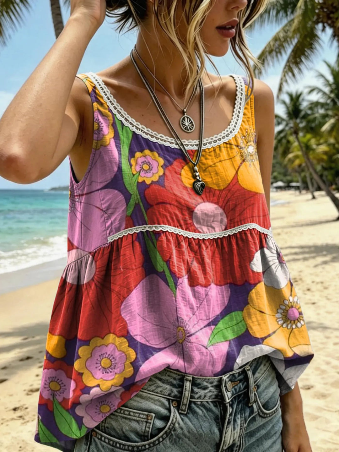 Women's Floral-print Artistic Lace Crew-neck Tank Top