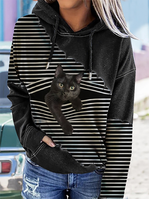 Comfysol Black Cat Print Patchwork Striped Long Sleeve Hooded Sweatshirt