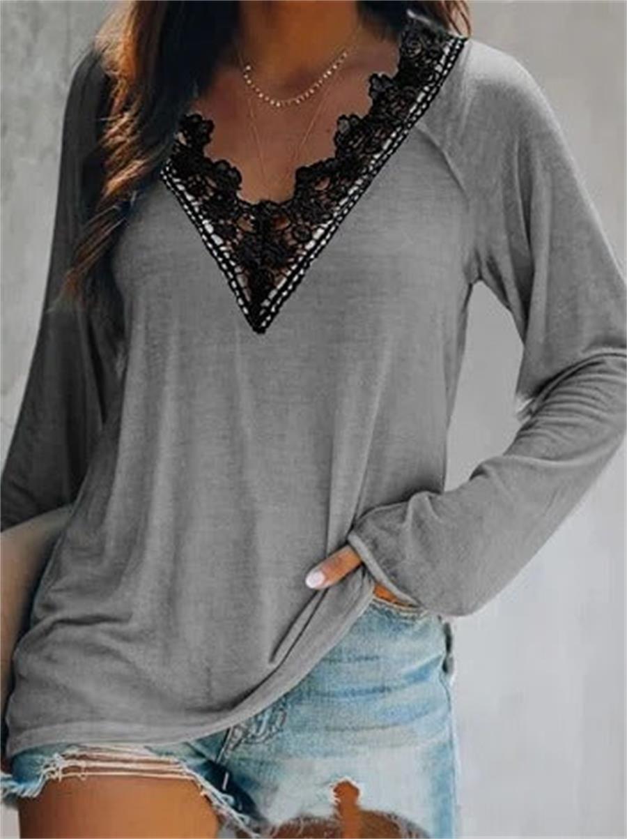 Comfysol Gray Casual V Neck Solid Long Sleeve Blouse