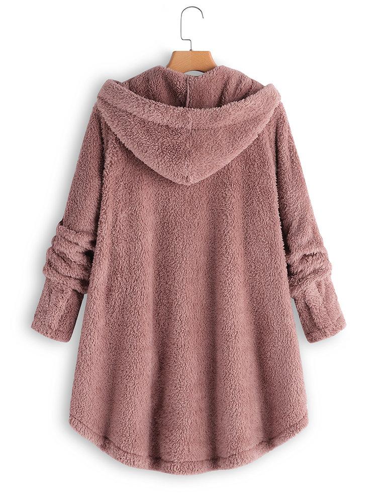 Comfysol Fleece Hooded Asymmetrical Hem Button Coat