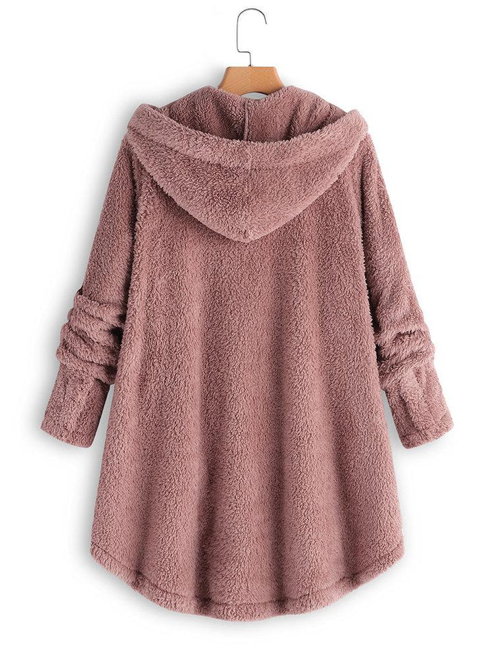 Comfysol Fleece Hooded Asymmetrical Hem Button Coat