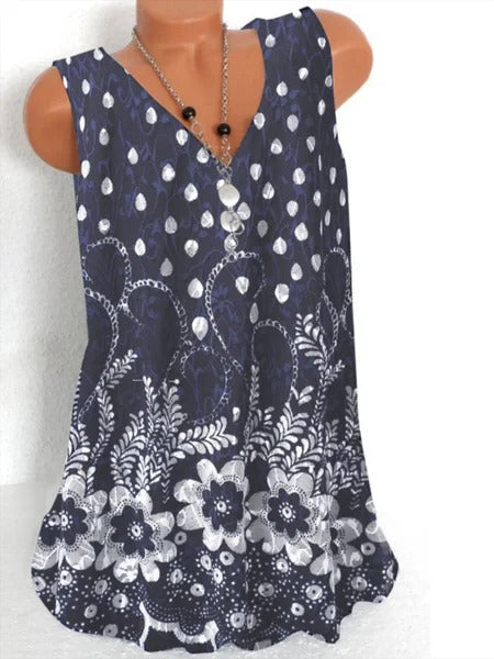 Comfysol Navy Casual Graphic Tops V Neck Floral Printed Sleeveless Tank