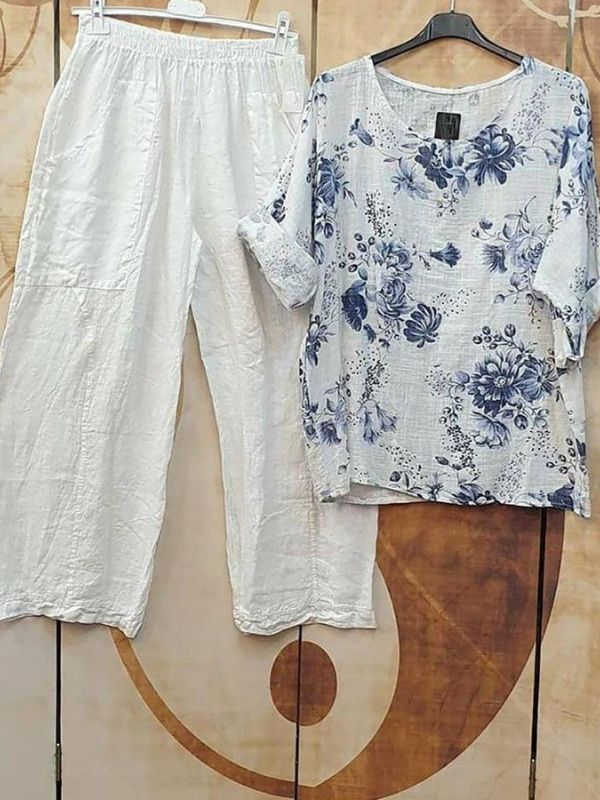 Comfysol White Casual Round Neck Floral Printed Short Sleeve Outfit Sets