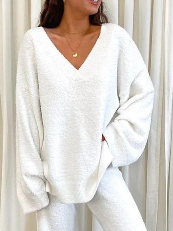 Comfysol White Solid Casual Sweater Suit