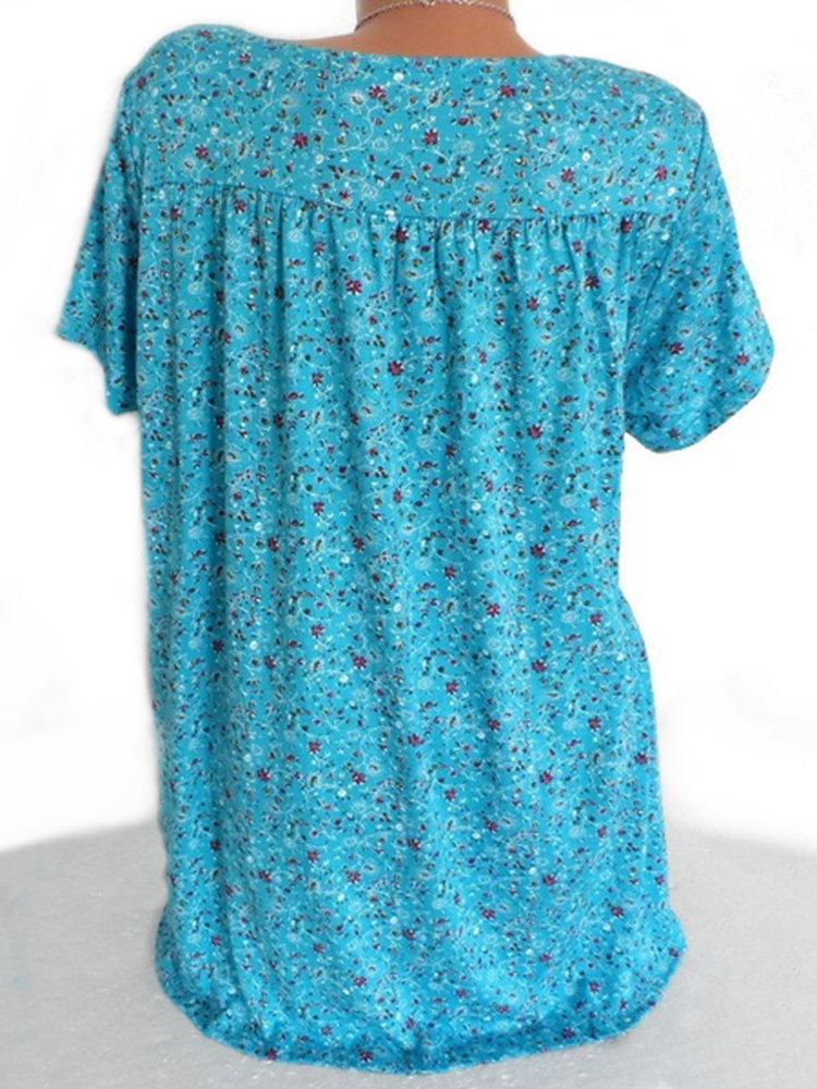 Comfysol Print Floral Short Sleeve V-neck Blouse