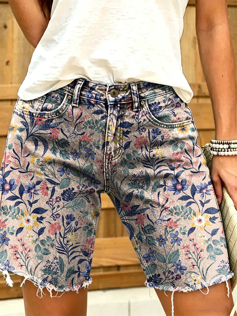 Women's Retro Print Denim Shorts