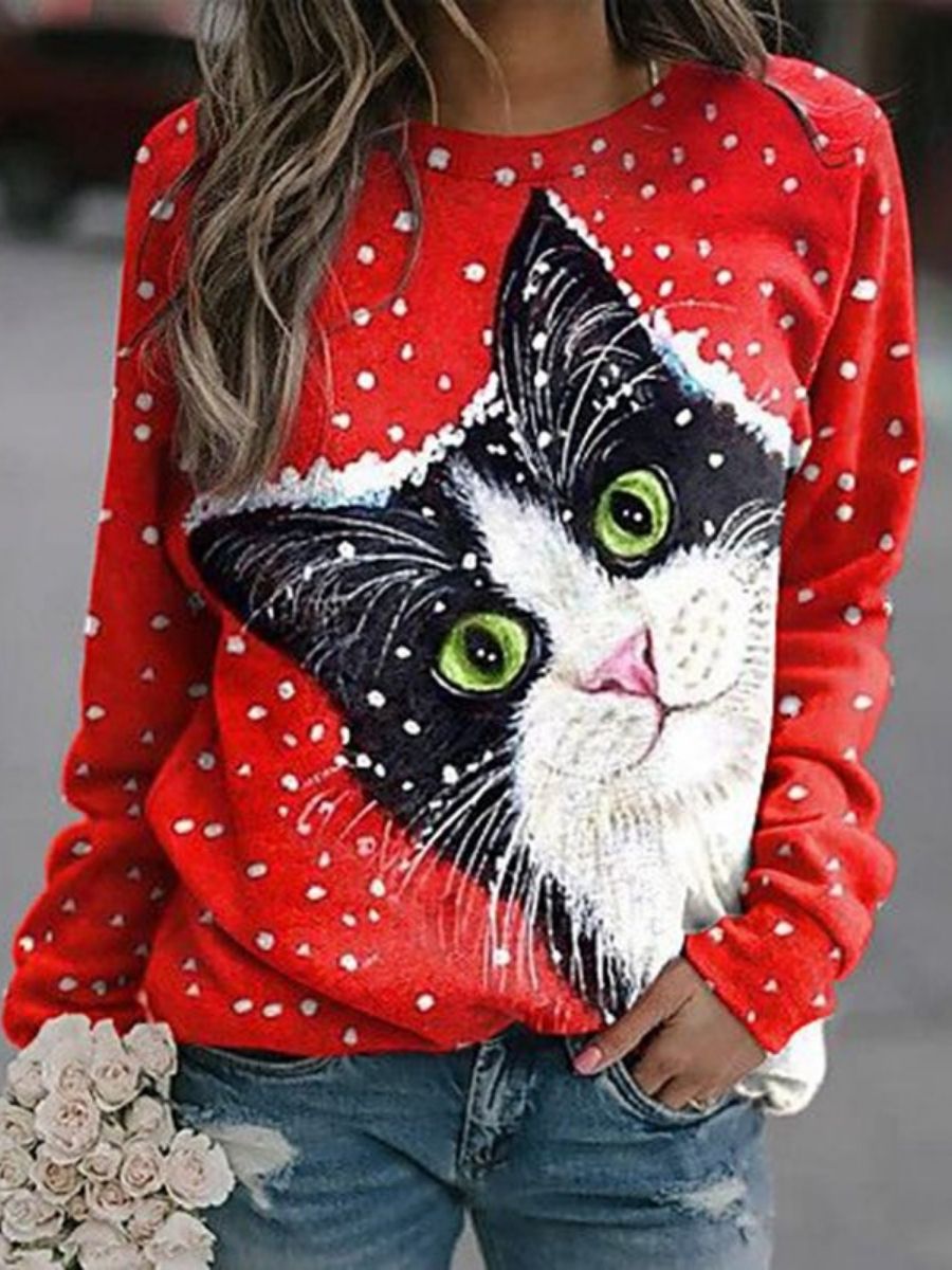 Comfysol Red Casual Graphic Tops Round Neck Cat Printed Long Sleeve Sweatshirts