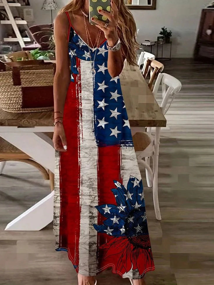 Women Star Sleeveless Summer Dress V Neck Daily Casual Maxi Slip Dress X-Line Dress