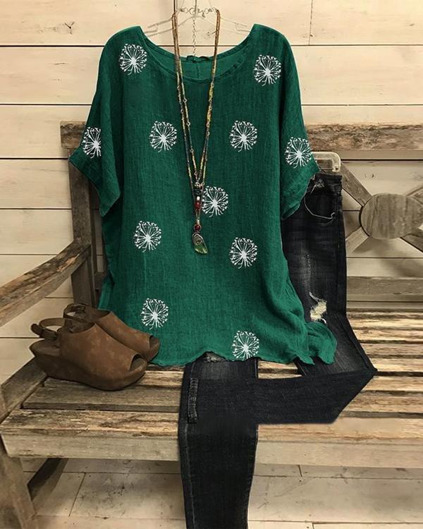 Comfysol Summer Printed Short Sleeve Round Neck Loose Blouse