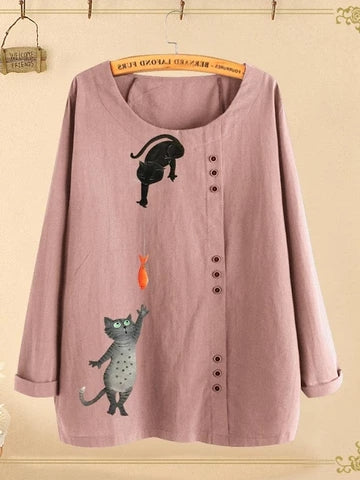 Comfysol Button Cartoon Cat Print Long Sleeve Blouse