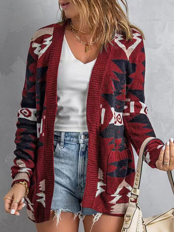 Comfysol Red Casual Lapel Long Sleeve Sweater