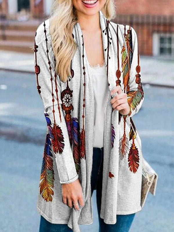 Comfysol Light Gray Casual Long Sleeve Feather Printed Cardigan
