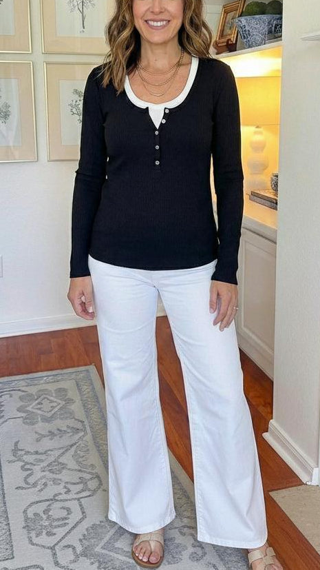 Black White Trimmed Collar & Hem Long Sleeve Top