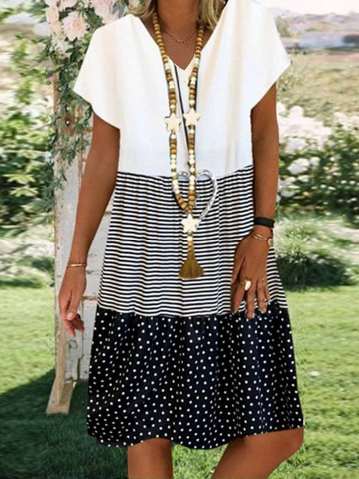 Comfysol V-neck Stripe Polka Dot Print Casual Short Sleeve Short Knee Length Dress