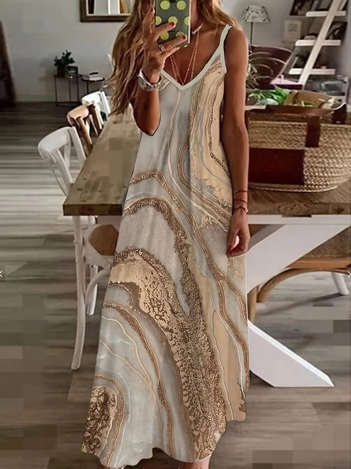 Women Floral Sleeveless V Neck Printing Dress Daily Casual Maxi Slip Dress X-Line Summer Dress