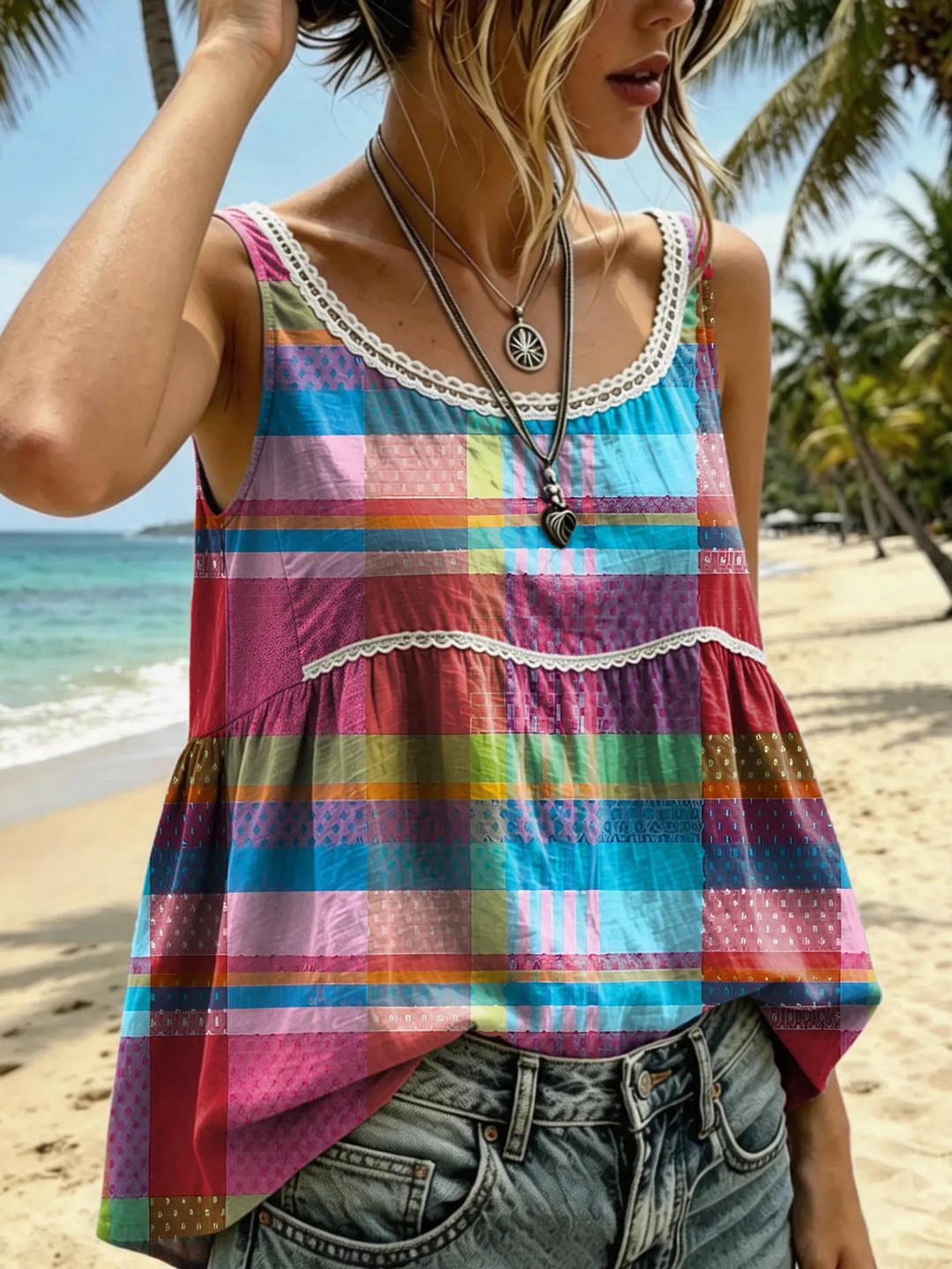 Women's Colorful Asymmetrical Checkered Artistic Print Lace Crew-neck Tank Top