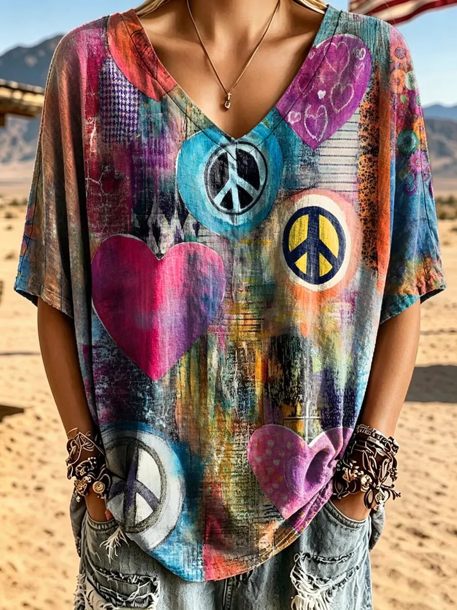 Women's Peace Sign & Heart Art Print Cotton V-Neck Loose Top